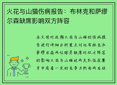 火花与山猫伤病报告：布林克和萨缪尔森缺席影响双方阵容