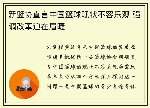 新篮协直言中国篮球现状不容乐观 强调改革迫在眉睫