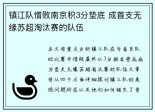 镇江队惜败南京积3分垫底 成首支无缘苏超淘汰赛的队伍