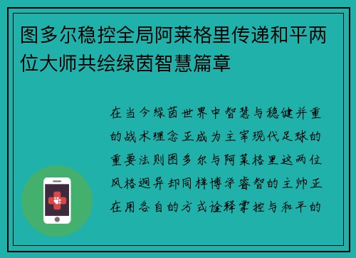 图多尔稳控全局阿莱格里传递和平两位大师共绘绿茵智慧篇章